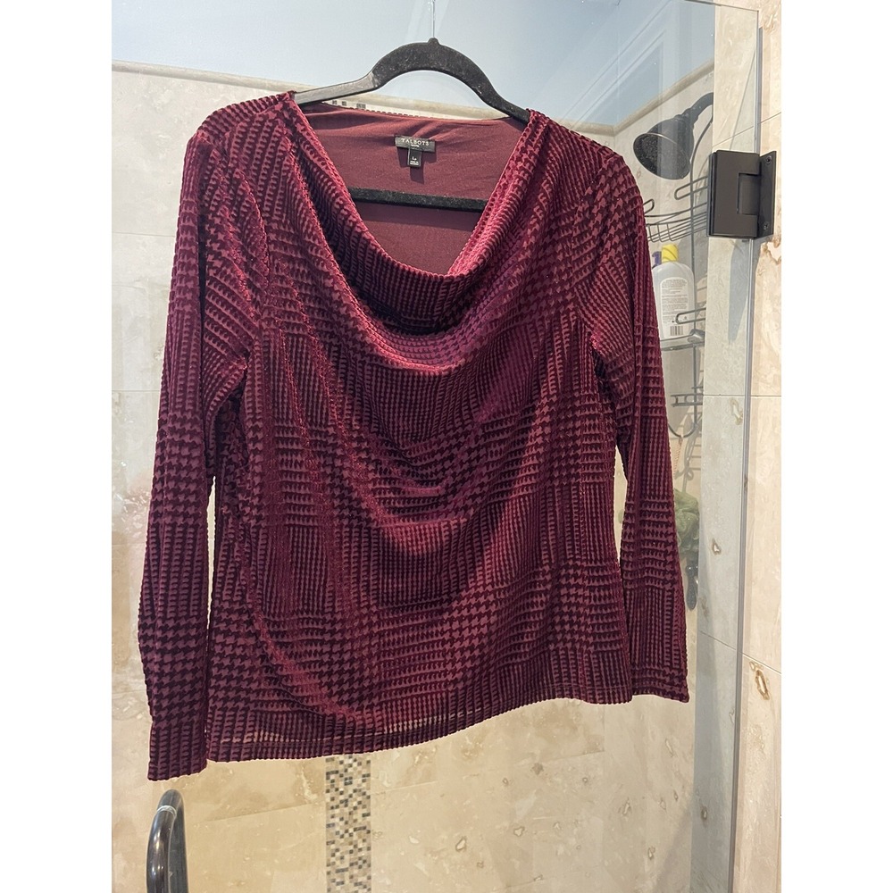Talbots Petite Tunic Top LP Large Wine Red Velvet Burnout Cowl Neck Career